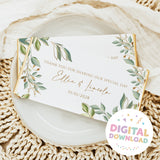 Chocolate bar wrapper with green eucalyptus leaves, gold accents, and thank-you text