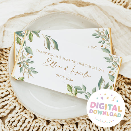 Chocolate bar wrapper with green eucalyptus leaves, gold accents, and thank-you text