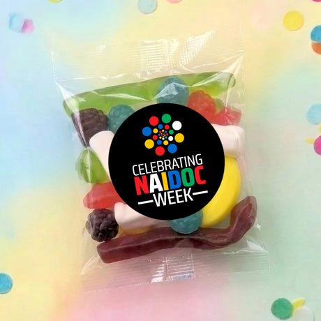 Personalised party mix lolly bag in clear wrap with NAIDOC Week sticker