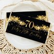 Black 70th birthday chocolate bar with gold stars, “Thank you” and birthday text