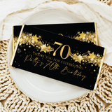 Black 70th birthday chocolate bar with gold stars, “Thank you” and birthday text