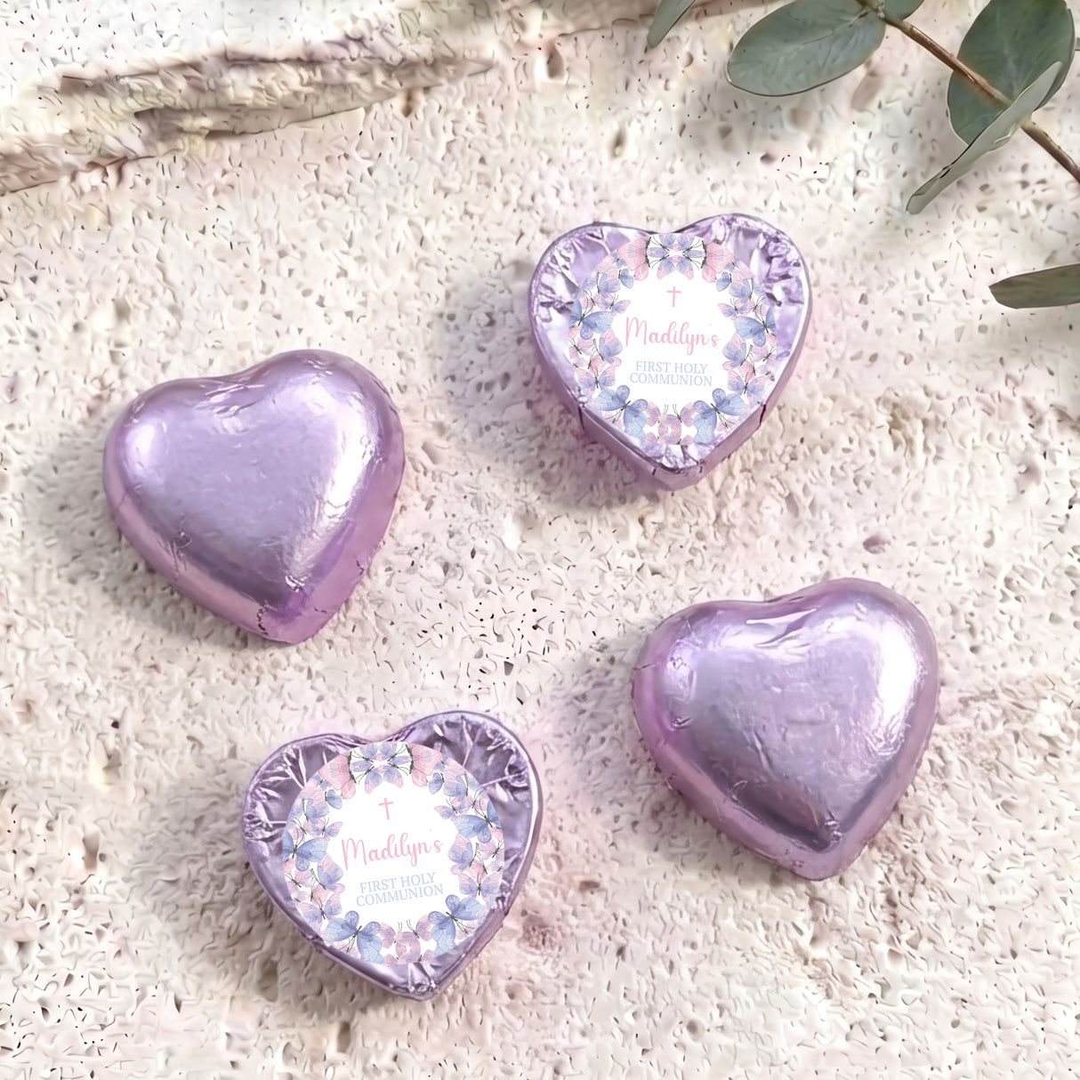 Lavender foil-covered chocolate hearts with floral design and personalized message