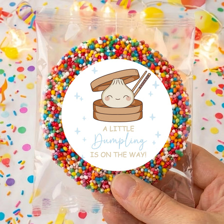 Clear bag of multicolored sprinkle candies with cartoon rabbit round label
