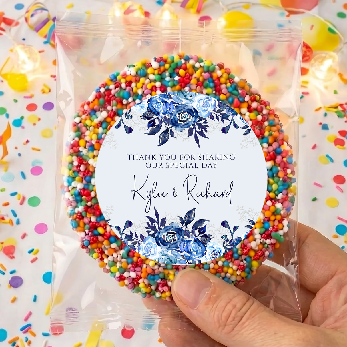 Personalised giant freckles treat bag with rainbow bead ring and navy floral label