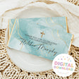 Christening thank-you chocolate bar wrapper with teal marble design and gold cross