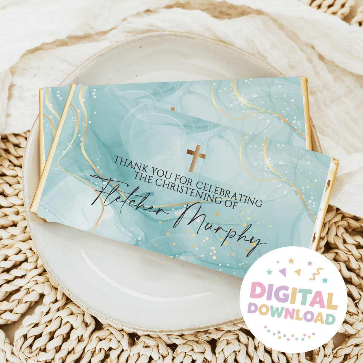 Christening thank-you chocolate bar wrapper with teal marble design and gold cross