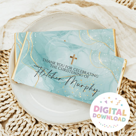 Christening thank-you chocolate bar wrapper with teal marble design and gold cross