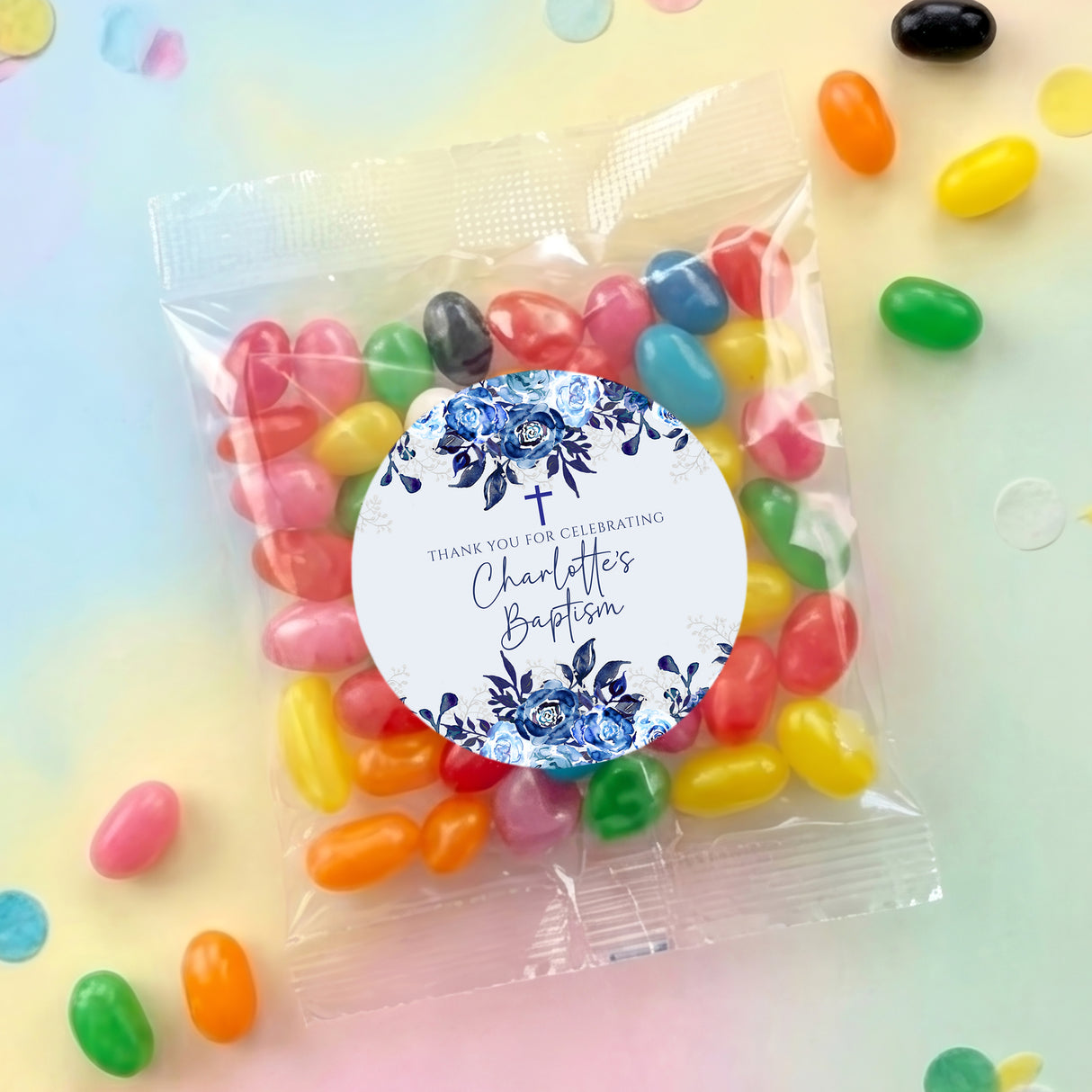 Personalised jelly bean bag with navy floral round label and clear pouch of colorful beans