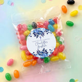 Personalised jelly bean bag with navy floral round label and clear pouch of colorful beans