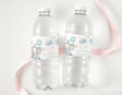 Blue elephant-themed first birthday water bottle labels on clear drink bottles
