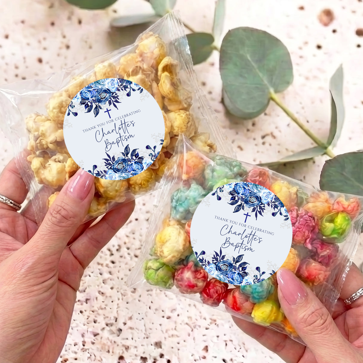 Personalised popcorn bag with clear pouch, mixed popcorn, blue floral thank-you label