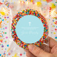 Christening card with pastel blue circle, white cross, and colorful bead border