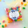 Personalised jelly bean bag with blue floral round label and thank-you message