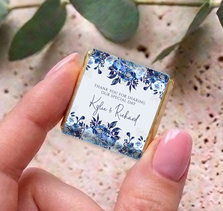 Navy blue floral mini chocolate wrapper, Thank you text and Kylie & Richard personalization