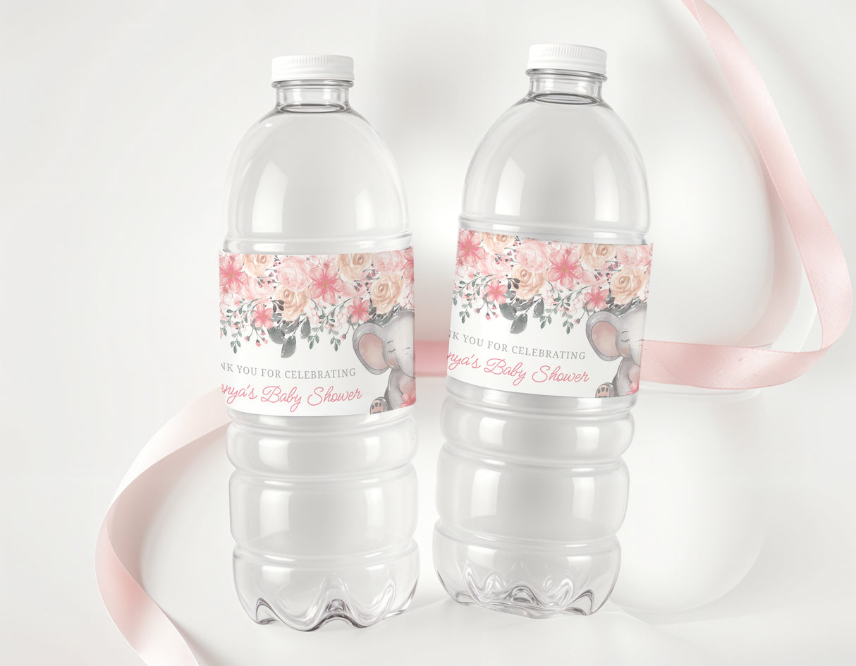 Pink floral elephant baby shower labels on clear water bottles (pair)