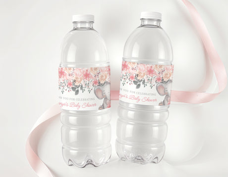 Pink floral elephant baby shower labels on clear water bottles (pair)