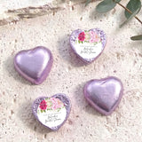 Foil-covered heart chocolates in lavender with floral personalised labels