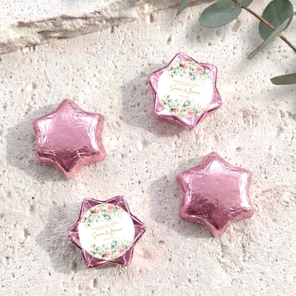 Pink foil-wrapped chocolate stars with floral personalized center label (set of 5)
