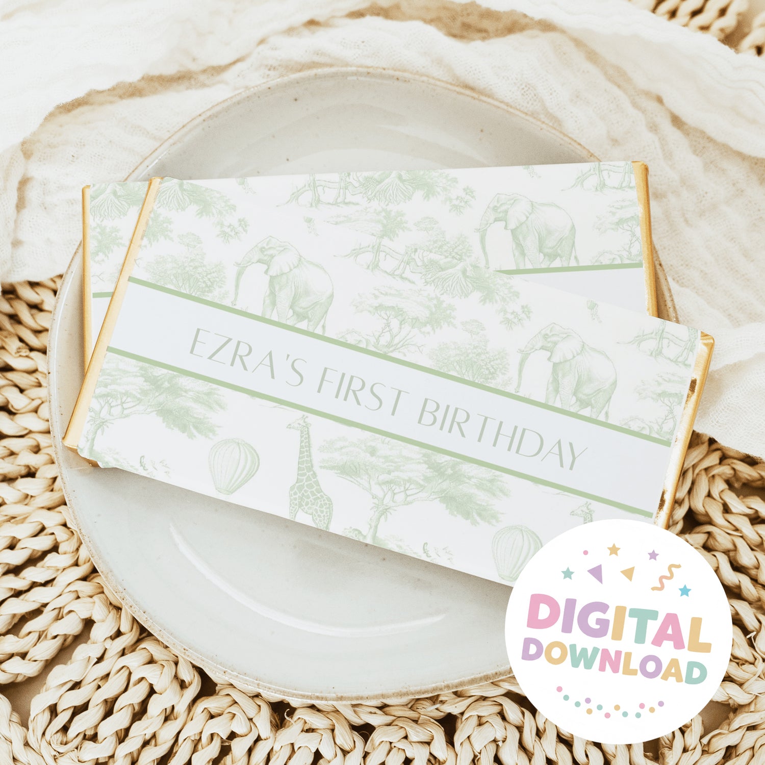 Personalized first birthday chocolate bar wrappers with green safari animal print and text