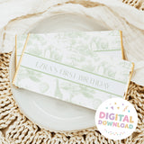Personalized first birthday chocolate bar wrappers with green safari animal print and text