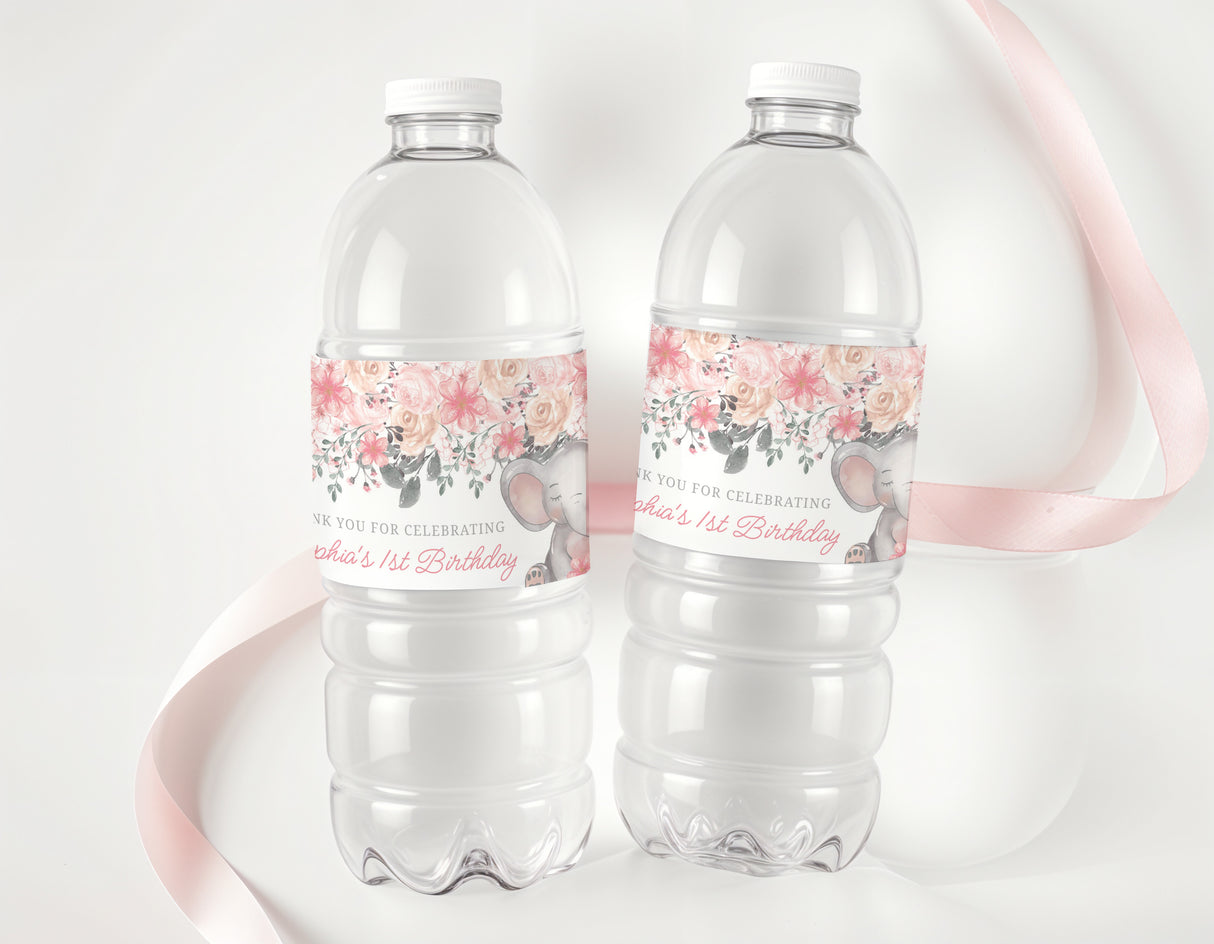 Personalised water bottles with pink floral birthday labels on clear plastic, front view pair