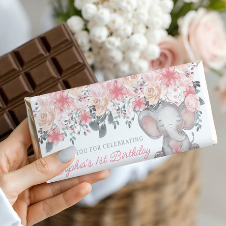 First birthday chocolate bar with pink floral wrapper and elephant illustration