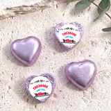 Foil-covered chocolate hearts, lavender with white Theodore label