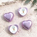 Lilac foil-covered heart chocolates with hot air balloon label, personalised