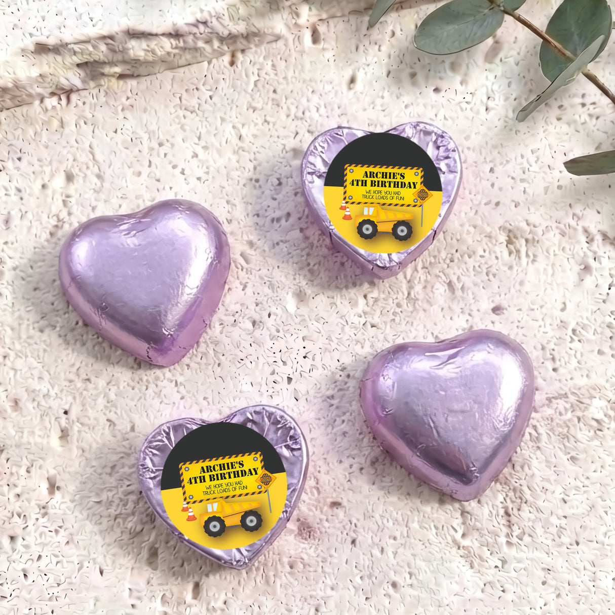 Lavender foil chocolate heart with 'Archie's 4th Birthday' label