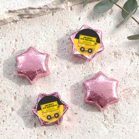 Personalised foil chocolate star with “Archie’s 4th Birthday” label, pink foil