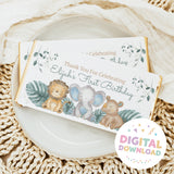 First birthday chocolate bar wrapper with lion, elephant, bear, greenery, thank-you text