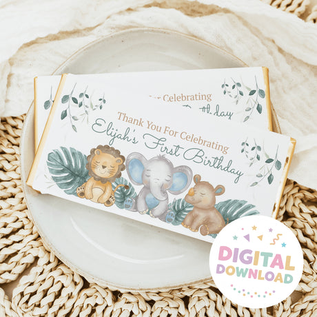 First birthday chocolate bar wrapper with lion, elephant, bear, greenery, thank-you text