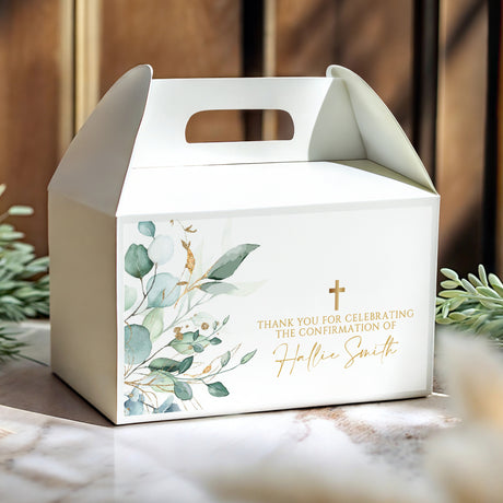 Personalised gable favour box, white with eucalyptus florals, gold cross and thank-you text