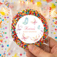Clear bag of rainbow sprinkle giant freckles with pastel butterfly label