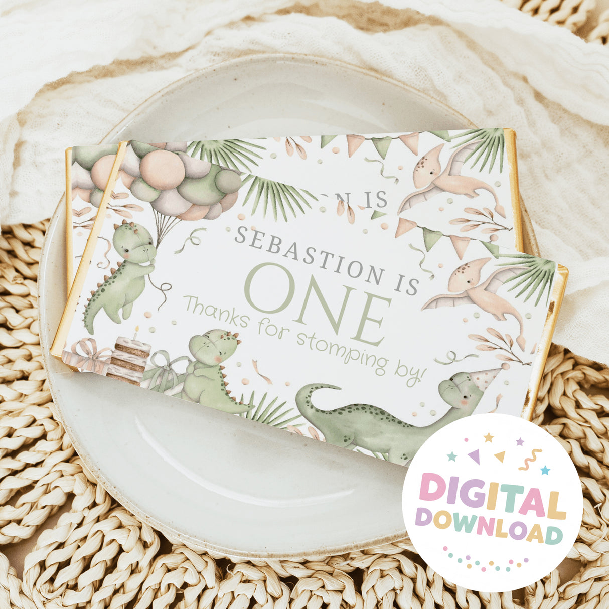 Custom printed chocolate bar with dinosaur theme wrapper in pastel greens and creams