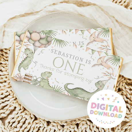 Custom printed chocolate bar with dinosaur theme wrapper in pastel greens and creams
