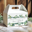 Personalised eucalyptus wedding gable favour box with thank-you note and leafy illustration