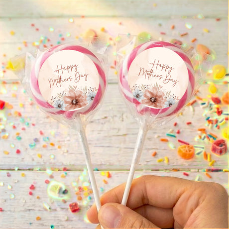 Mother's Day lollipops: pink swirl wrappers with floral "Happy Mother's Day"