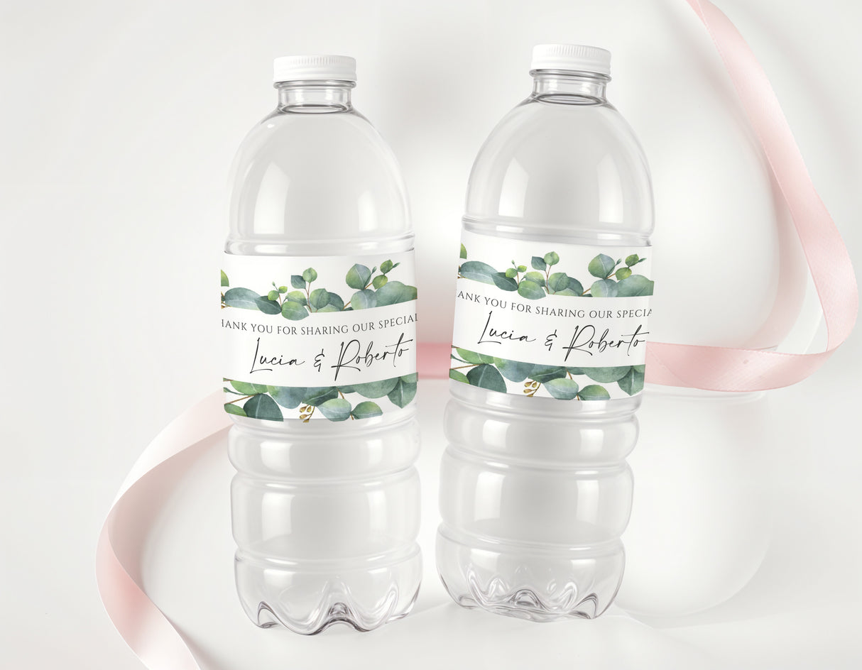 Personalised water bottle labels with eucalyptus leaves, name text, on clear plastic bottles