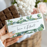 Wedding chocolate bar wrapper with eucalyptus leaves and thank-you message in green