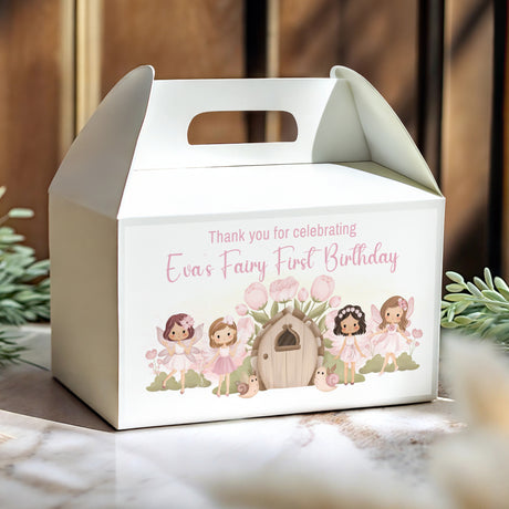 Pink fairy first birthday gable favour box with Thank you message and woodland characters