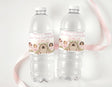 Personalised birthday water bottle labels on clear plastic bottles, pink fairy theme