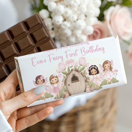 Fairy first birthday chocolate bar in white and pink wrapper with fairy characters