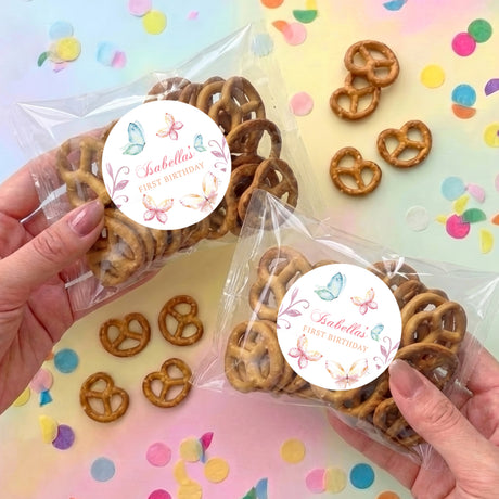 Personalised pretzel bag with butterfly sticker seal and pretzels in clear wrap