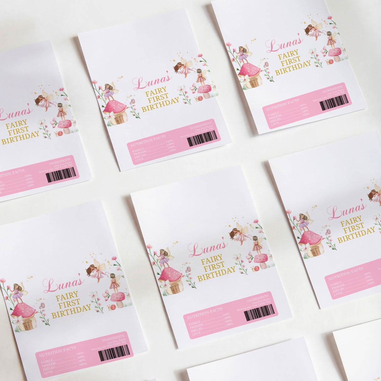 First birthday chocolate wrappers with fairy print, pink label and barcode