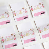 First birthday chocolate wrappers with fairy print, pink label and barcode