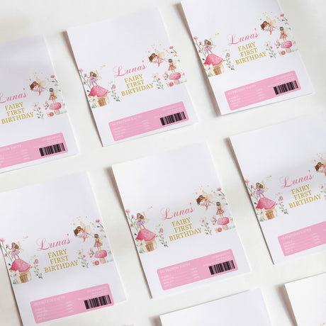 First birthday chocolate wrappers with fairy print, pink label and barcode