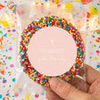 Pastel peach giant freckles cookie with white cross thank-you card