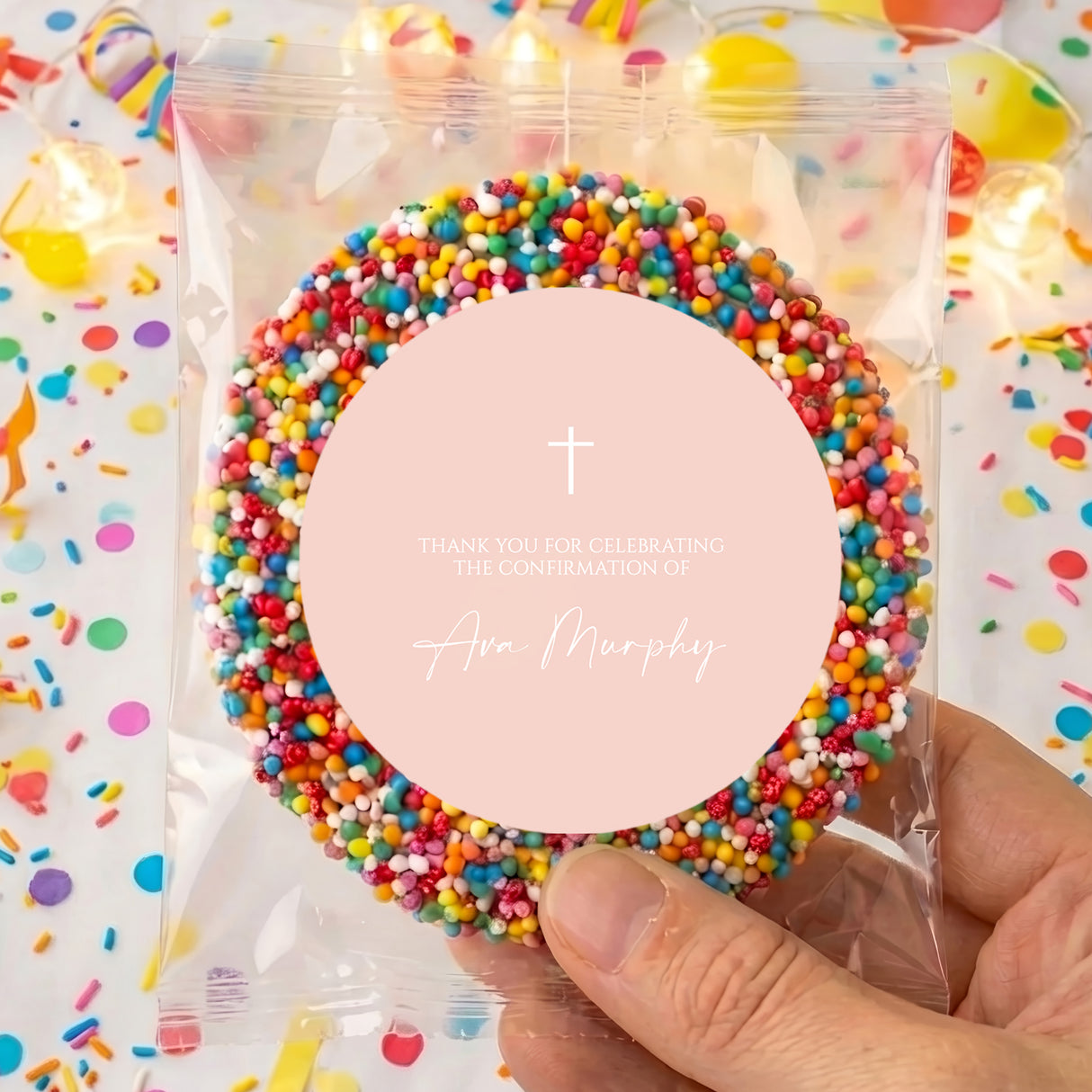Pastel peach giant freckles cookie with white cross thank-you card