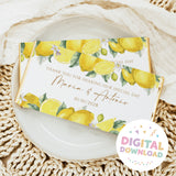 Lemon wedding print-yourself chocolate bar with floral lemon design, thank-you text and date.